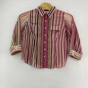 Emma James 1X Striped Button Front Blouse Pink Green 3/4 Sleeve Sheer
Business